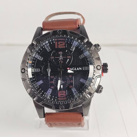 Raglan Men's Quartz Watch Black Dial Brown Band 43.9mm Case Chrono Look NEW - Picture 8 of 13